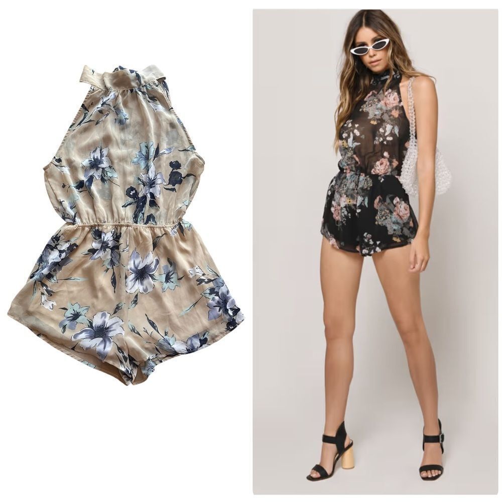 TOBI Floral Halter Sheer Romper – Beige/Blue Print (Size S/P)
